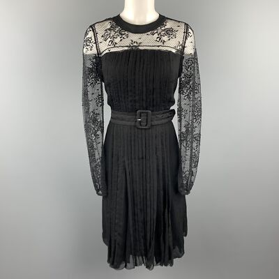 PRADA Size 10 Black Pleated Silk Lace Midi Cocktail Dress