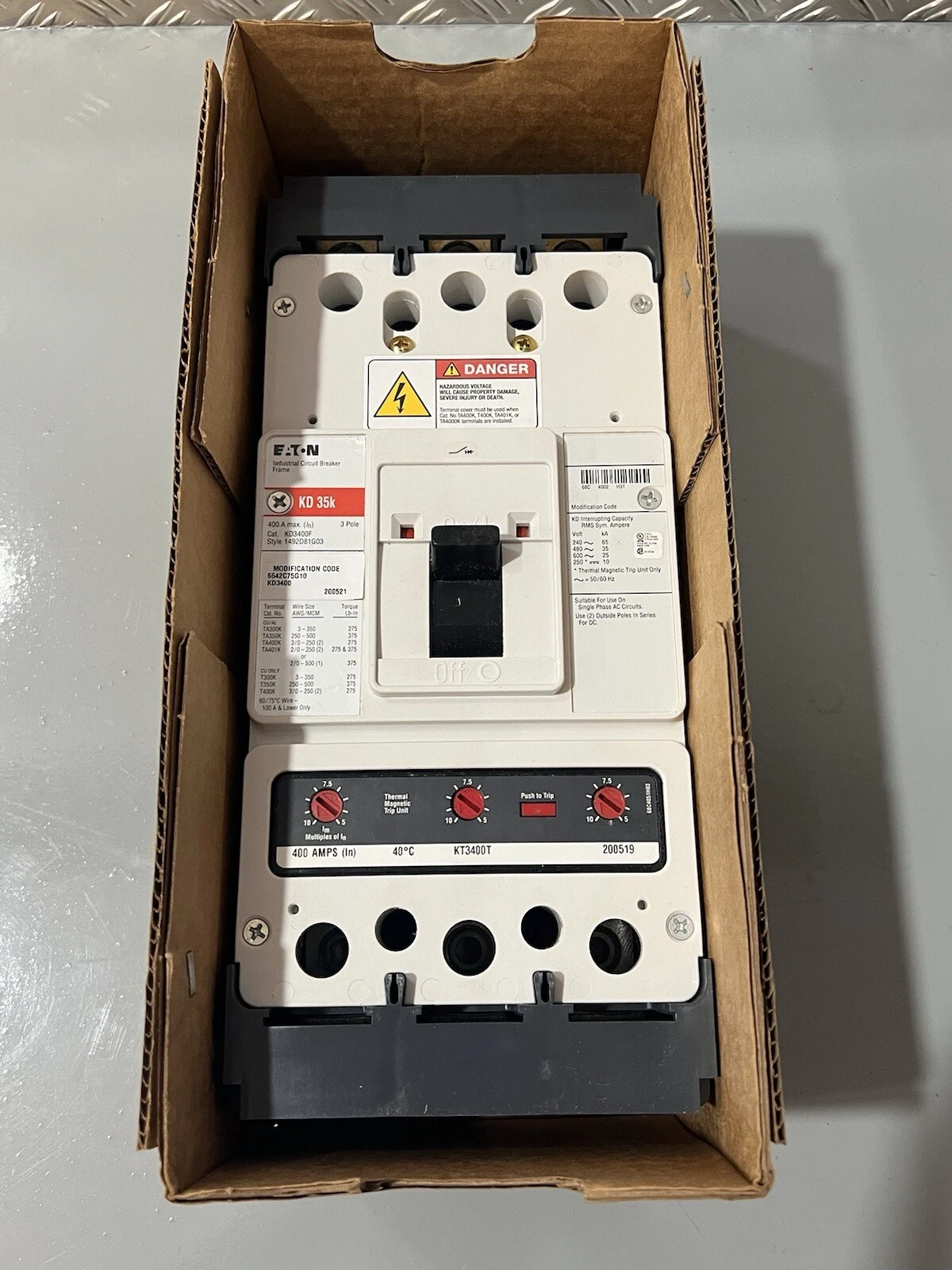 Eaton KD3400F Industrial Circuit Breaker 400 Amp 3 Pole KD35k 1492D81G03 - New 7