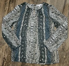DR2 Women's Size Small Long Sleeve Animal Print Top Gray Teal EUC
