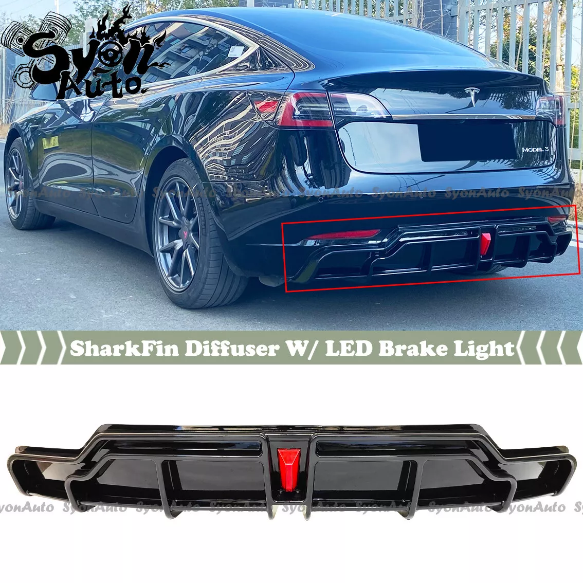 FITS 2017-2024 TESLA MODEL 3 GLOSSY BLACK SHARK FIN DIFFUSER W/ LED BRAKE  LIGHT