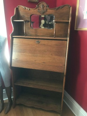 Antique Drop Front Oak Desk 1900 S Secretary Bookcase W Key Ny