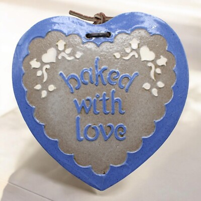 Vtg 1983 Cobalt Heart Salt Glazed Ceramic Wall Tile Trivet Farmhouse Signed Bake