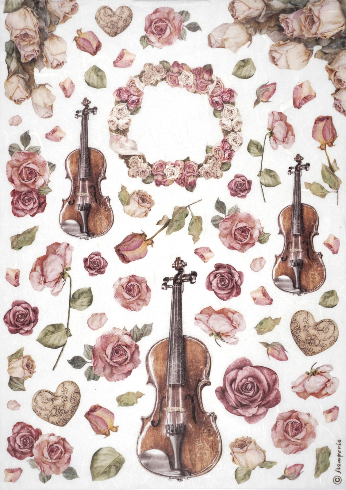 Stamperia A4 Rice Paper for Decoupage - Violins and Roses - DFSA4900