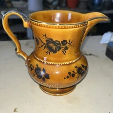 Lord Nelson Pottery Pitcher VTG  Brown Jug Black Roses Silver Gilt England MINT