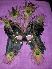 Masquerade Mask w/Peacock Feathers Plastic Black Multicolor Pre-Owened