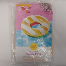 Sun Squad Yellow White Striped Inflatable Swim Tube 31" Diameter 8 1/2" H