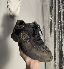 DDP Authentic Chanel Gray Suede Leather CC Logo Tweed Sneakers Sz EU 38,5 US 8,5