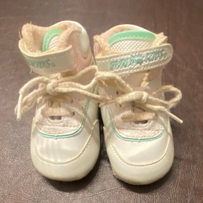 Vintage Dyna Kids Baby Sneakers White Pink Mint Hook & Loop Lace Up Sze 3 90s