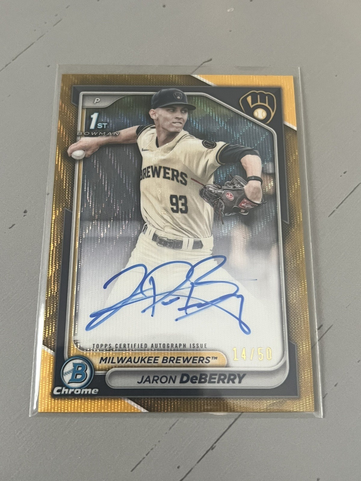 JARON DEBERRY 2024 BOWMAN CHROME DRAFT 1ST GOLD WAVE BREWERS AUTO # /50
