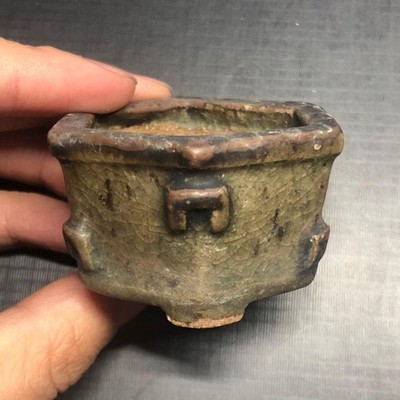Japanese Bonsai pot SEIZAN 晴山 sign Candy glazed MAME Hexagon deep green w2''/446