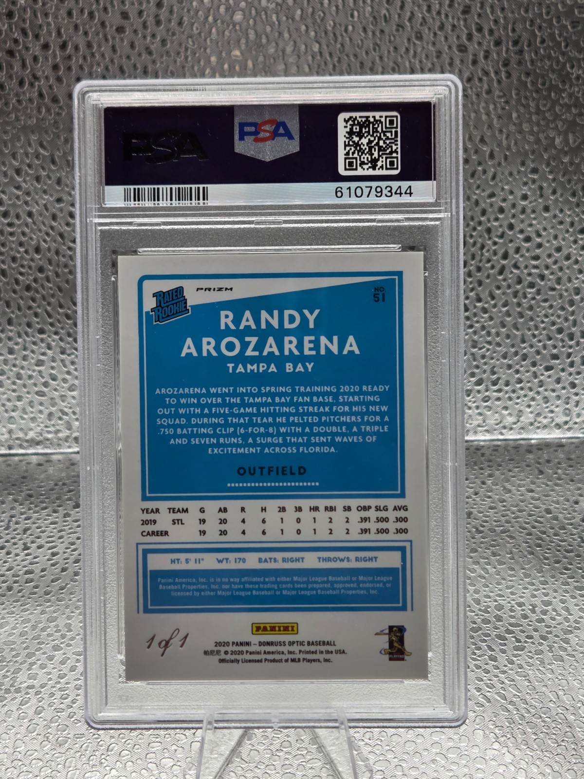 2020 Optic GOLD SUPERFRACTOR 1/1 ~ RANDY AROZARENA RC Card PSA 9 MINT view 3