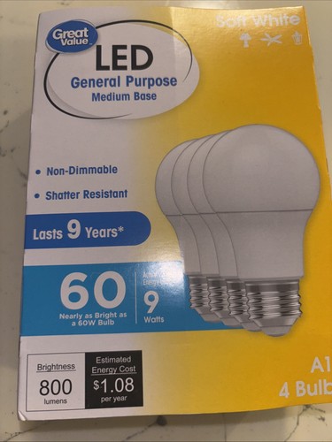Great Value LED Light Bulb, 9W (60W Equivalent), Non-dimmable, Soft White, 4Pack - Picture 3 of 3