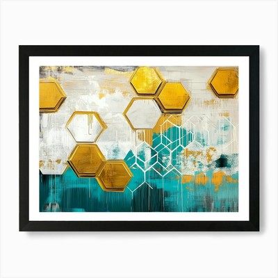 A Rich Oil Abstract Golden Hexagons Gerahmtes Wandbild Poster Leinwanddruck Bild