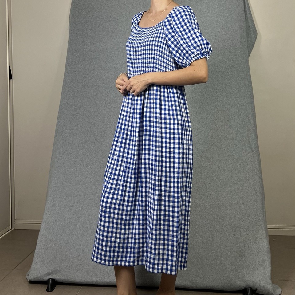 Blue Gingham Linen Blend Dress Womens 10 Check Puff Sleeve Midi Cottage ...