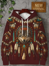 3D Wolf Tribal Feather Hoodie Native-Inspired Art Print Pullover Unisex