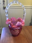 Fenton Cranberry Opalescent Glass Open-Heart Arches Basket Signed Marilyn Wagner
