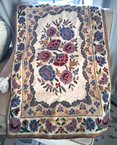 Kashmiri Crewel Rug Tapestry Chainstitch Floral Jewel Tone, 27" x 37"