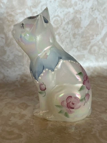 Fenton  M5243 20 Opal Iodized Art Glass Hand Painted Cat  Figurine Floral Signed