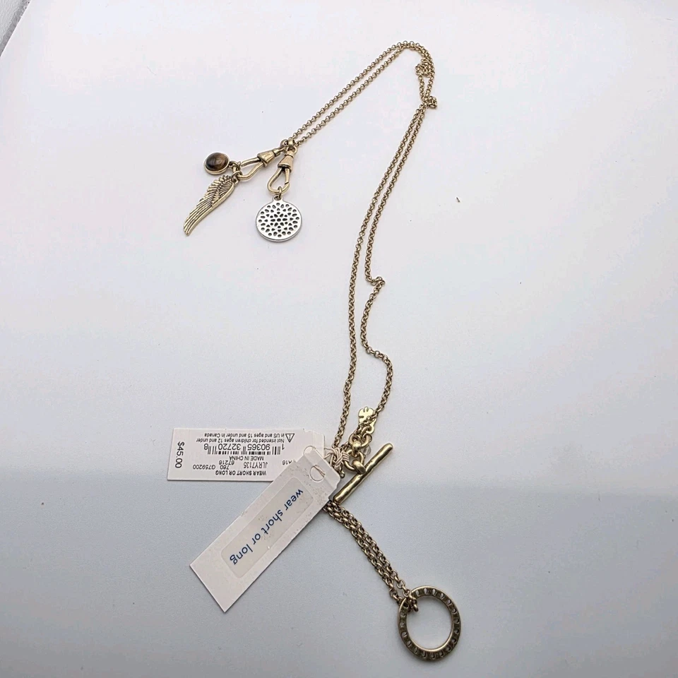 New LUCKY BRAND Necklace Tigers Eye Angel Wing Layered Gold Tone Short Or Long - Image 3 of 4