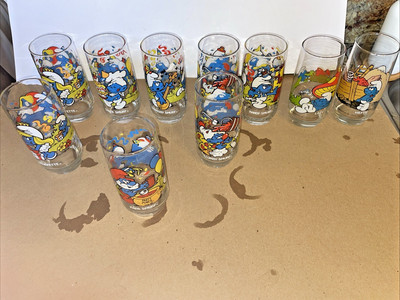 Vintage Two 1982, Eight 83 Smurf Glasses - set of 10 Wallace Berrie