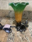 Vintage Jeweled Tiffany Style Glass Butterfly Tulip Amber/Green Lamp