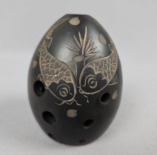 Black Ceramic Xun Chinese Vessel Flute Musical Instrument Engraved Koi Fish