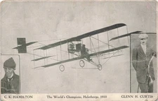 1910 Aviation World Champions Biplane CK Hamilton & Glenn H Curtis Postcard