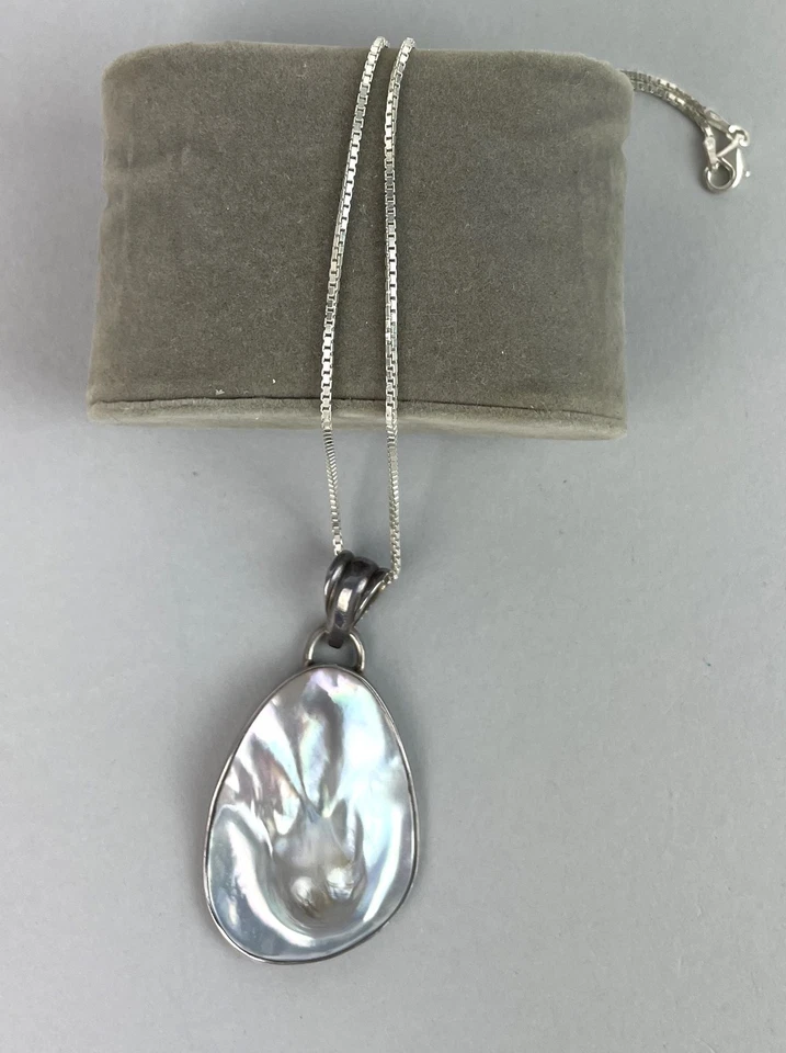 Colgante y collar de cadena de plata 925 con colgante de perlas blister vintage años 90 14" Foto 3 de 4