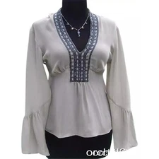 Cache Luxe Gray Silk Metallic Bead Top New Peasant Empire Tulip Sleeves NWT $158