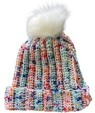 Crochet Ribbed Beanie With Faux Fur Pom Pom - Adult Size Bubblegum/Lt Blue