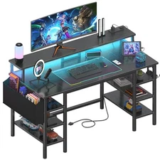  Gaming Desk with LED Lights and Storage Shelves, 47 inch Computer Desk with 