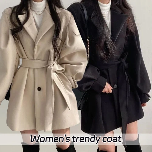Women's Woolen Coat Autumn Winter Mid Length Lapel Belt Jacket Elegant Outwear