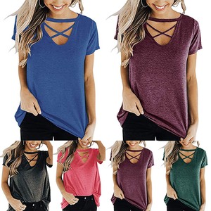 Women-039-s-Choker-Bandage-V-Neck-Loose-T-Shirt-Short-Sleeve-Casual-Tees-Tops-Blouse