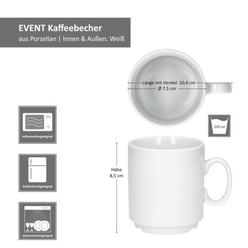 12er Set Event Kaffeebecher 250ml weiß Porzellan-Tassen 6 Personen stapelbar - Bild 6 von 6