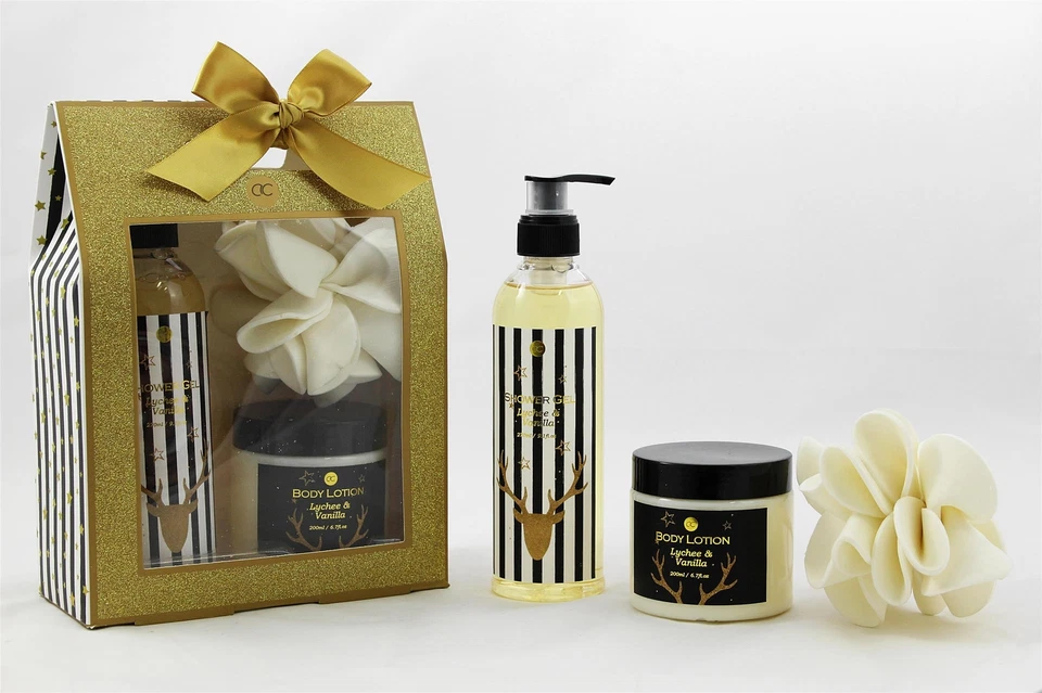 ACCENTRA Badeset GLITTER Geschenkbox mit Duschgel Body Lotion & Schwamm LITSCHI & VANILLE