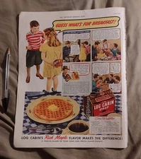 1939 print ad-What's for breakfast-Corn Waffles Recipe & Log Cabin's Maple Syrup