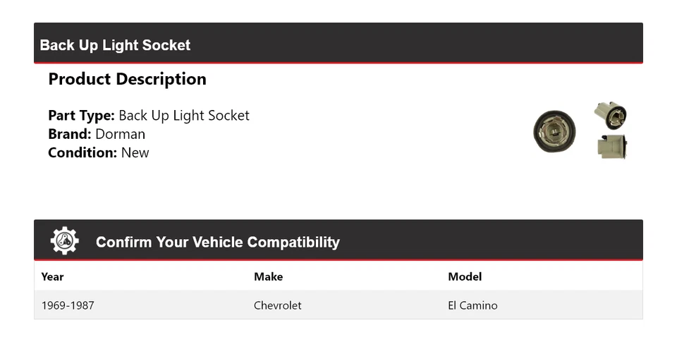 For 1969-1987 Chevrolet El Camino Dorman Back Up Light Socket 1970 1971 1972 - Image 2 of 4