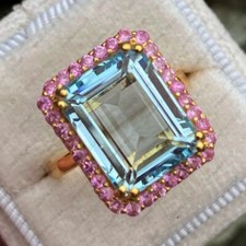 Emerald Aquamarine Gemstone &CZ, 925 Sterling Silver Halo Ring Gold Plated Gift