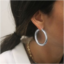 5MM Thick Solid 925 Sterling Silver 40MM French Lock Hoop Earrings Made In Italy