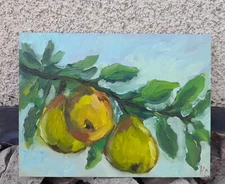 pears original oil painting, branch with pears painting, yellow pears wall art
