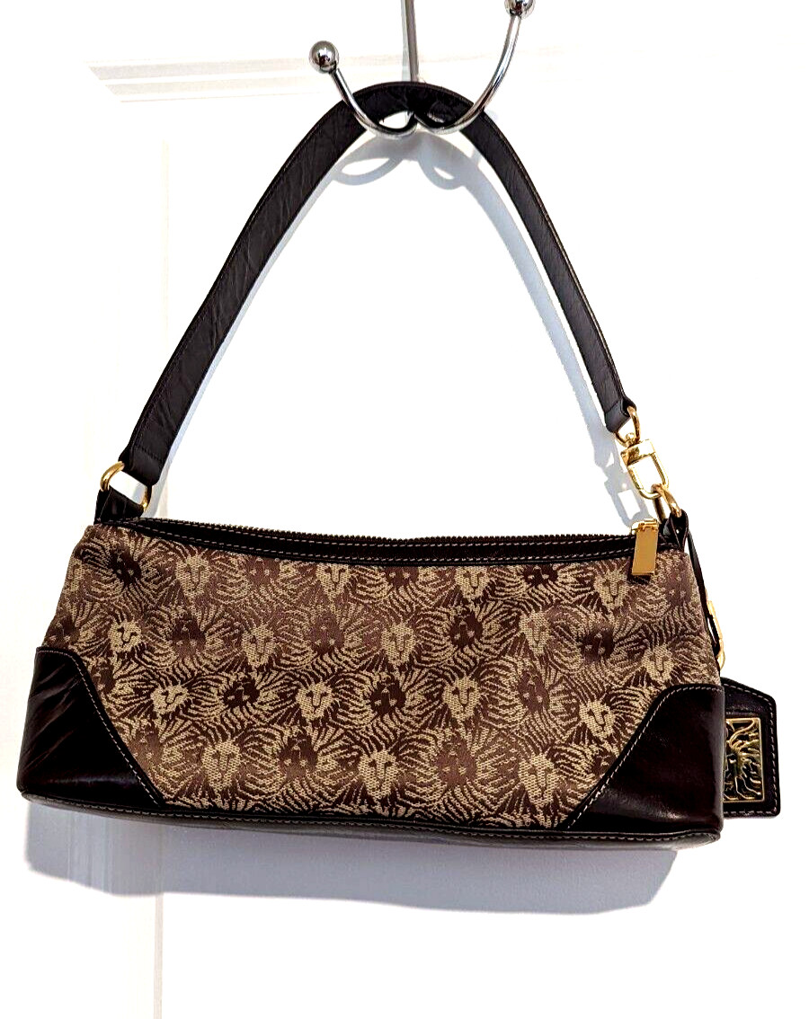 Anne Klein Handbag Purse Lion Heads Logo Brown Gem