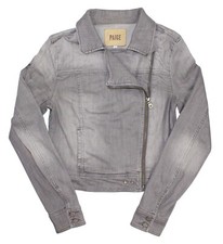 $300 Women's Paige Light Gray Denim Moto Style Jean Jacket Zip-up Sz. Xs X-small