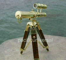Brass Nautical Double Barrel Imperial Desk Telescope W/Brown Wooden Tripod Stand