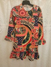 Land's End Girl's 12 Ponte Dress Flared Cuffs Sand Dune Floral Yellow Multicolor