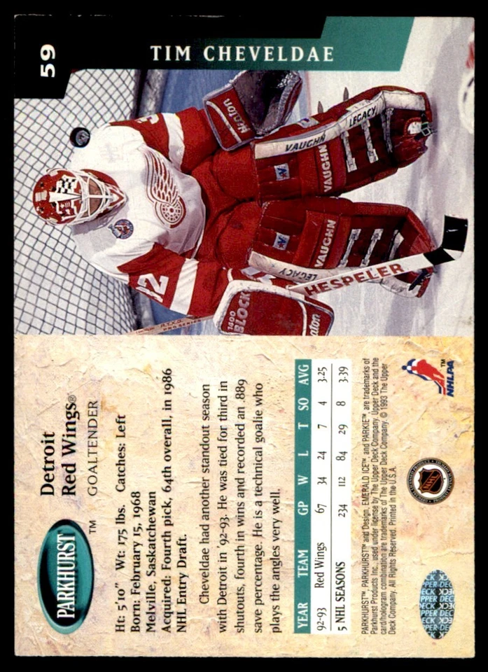 1993-94 Parkhurst Emerald Ice Tim Cheveldae Detroit Red Wings #59 - Image 2 of 2