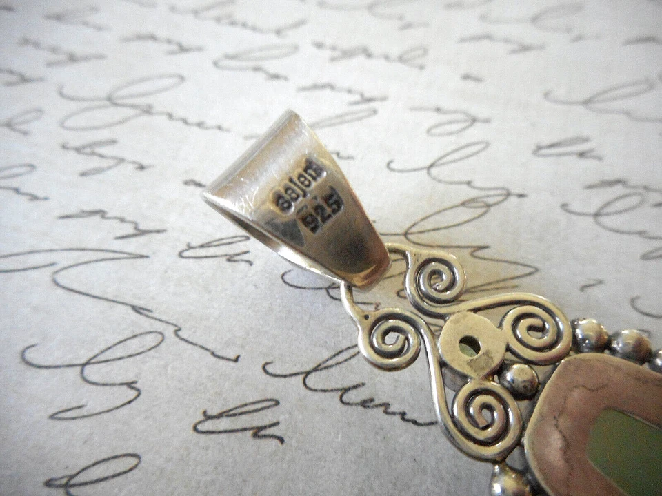 Large Sajen Sterling Silver Swirl Carved Green Quartz Peridot Pendant  RE81H - image 4 of 4