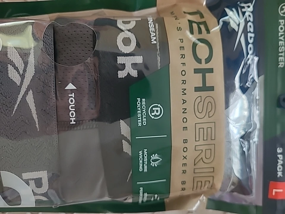 Cuecas boxer Reebok Tech Series masculinas desempenho pacote com 3 tamanho G novas com etiquetas - Imagem 2 de 4