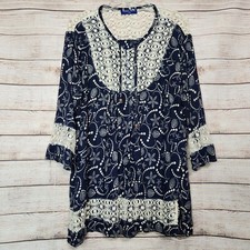 Blusa donna Royal Moda Boho in pizzo ricamato taglia L 44 blu navy bordo in pizzo