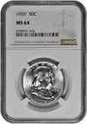 1959 50C Silver Franklin Half Dollar NGC MS 64 White Coin with New Holder