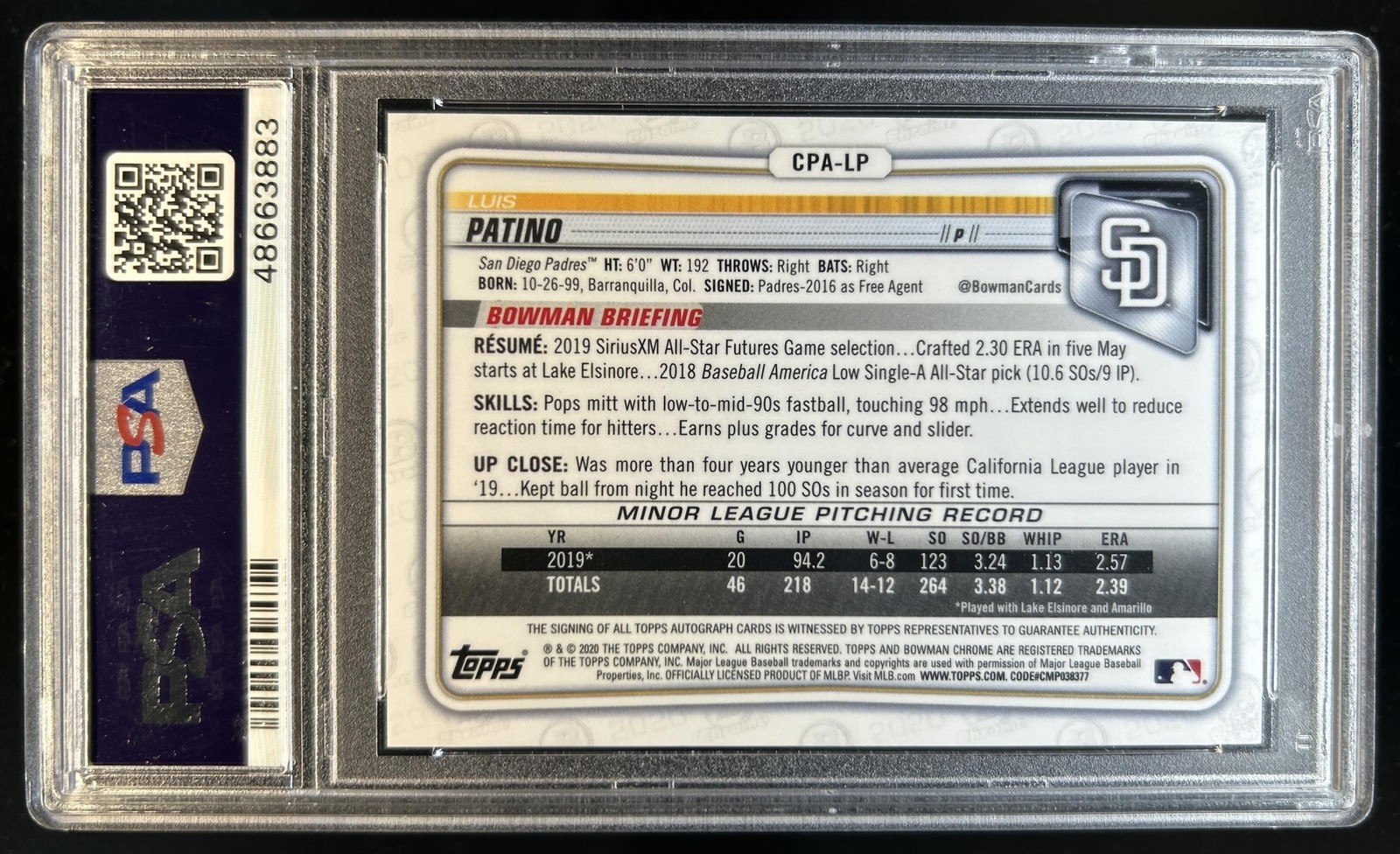2020 Bowman Luis Patino Chrome Prospect Auto Red Shimmer Refractor #/5 PSA 10 view 2